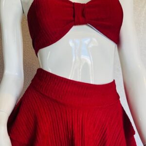 Red three piece swimsuit with skirt